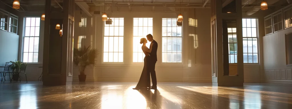 a couple gracefully dancing in a spacious studio with large mirrors and elegant decor.